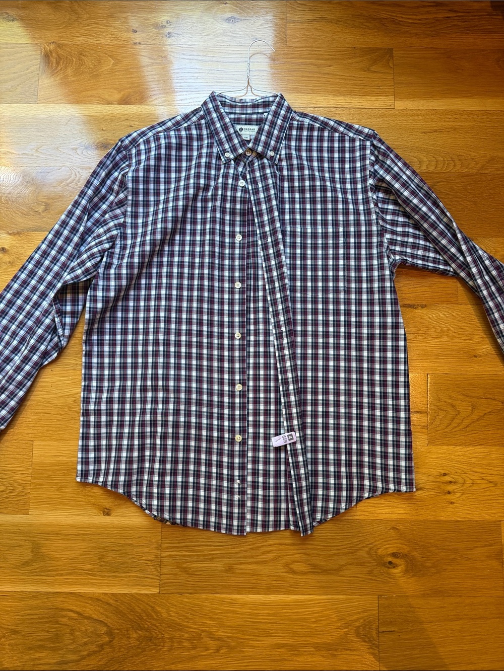 Men's Button-Down Plaid Shirt in Burgundy and Navy Haggar large